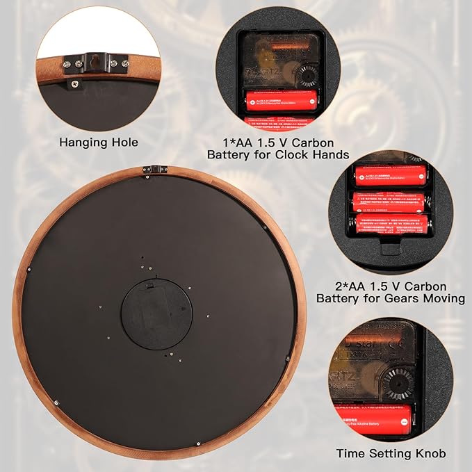 Wall Clocks for Living Room Decor, Large Real Moving Gears Clock, Vintage Industrial Oversized Rustic Farmhouse Kitchen Office Fireplace Wall Decor (Brown, 27 inch)