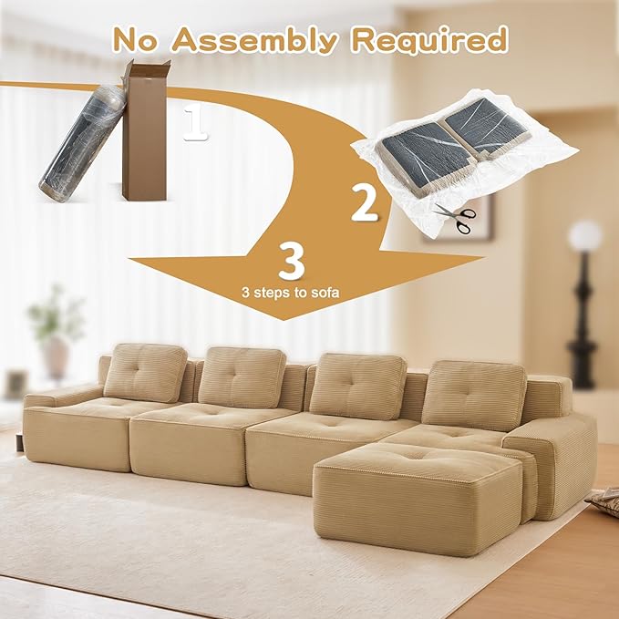 150" Modern Compressed Boneless Couch with Ottoman, 4 Seater Large L Shaped Sectional Couches for Living Room, Camel Corduroy Cloud Modular Sectional Sofa, Memory Foam, Extra Deep, No Assembly