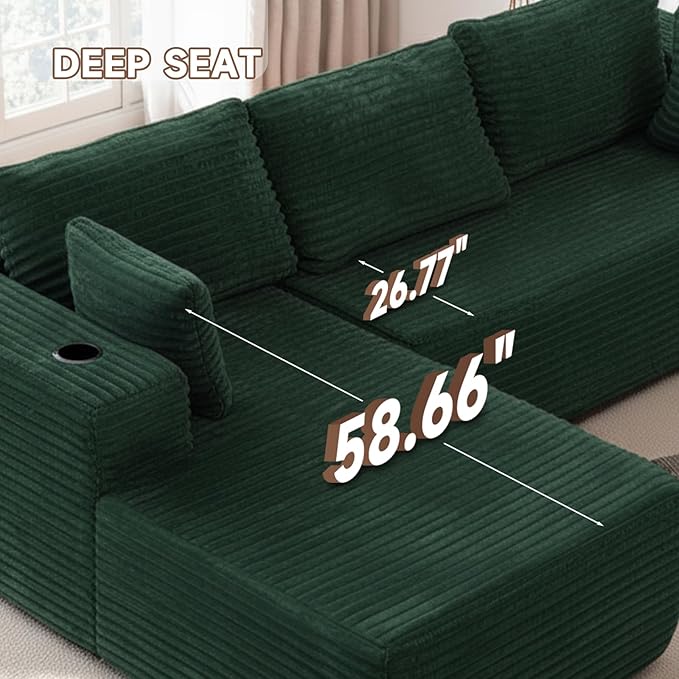 106" Cloud Couch Corduroy Modular Sectional Sofa L-Shape Boneless Couch with Wide Armrests and Cup Holders for Living Room Bedroom, No Assembly Required (Green)
