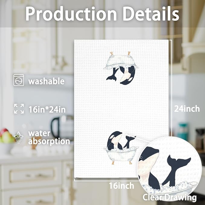 Funny Killer Whale Kids Bathroom Hand Towels, Sea Life Nautical Ocean Animal Decor for Bathrooms, Fun Killer Whale Taking Bath Hand Towels for Bathroom Washroom, 16x24In