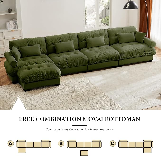 166" Oversized Couch, 4 Seater Modular Sectional Sofa, Olive Green Large L Shaped Sectional Couches for Living Room, Fluffy Couch Set, 4 Seater, Velvet Cloud with Ottoman, Sofas for Living Room