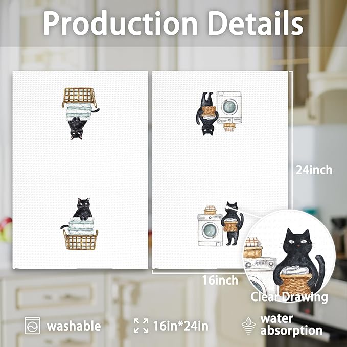 Funny Black Cat Hand Towels Set of 2, Gifts for Black Cat Owners Lovers Women Men, Cute Kitten Pet Decor for Bathroom, Funny Pet Lovers Laundry Hand Towels for Bathroom Washroom,16x24In