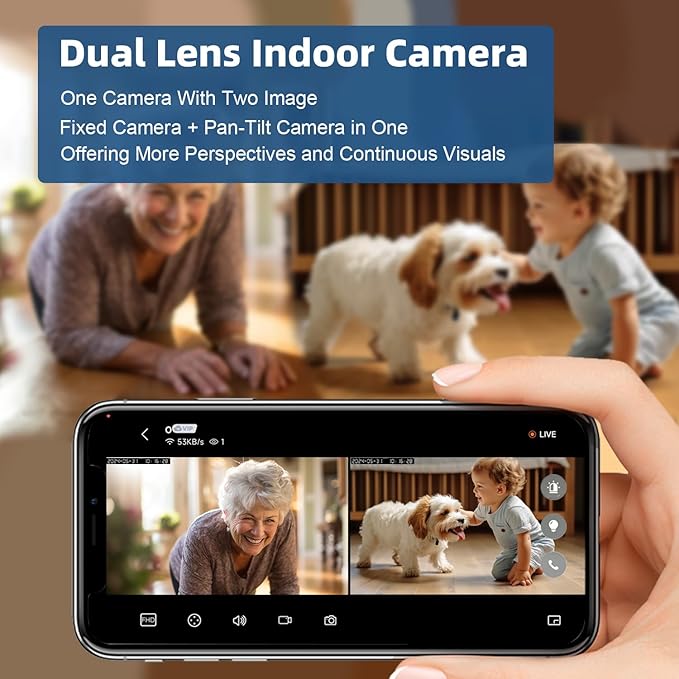 4MP Dual Lens Indoor Security Camera, 360° Pan/Tilt Baby & Pet Monitor, 2.4G/5G WiFi, Motion Tracking, 24/7 Cloud/SD, 2-Way Audio, Works with Mobile App & PCs