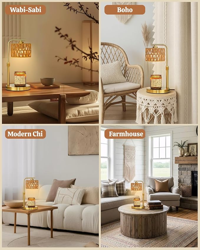 Candle Warmer Lamp with Timer, Dimmable Candle Warmer for Jar Candles, Height Adjustable Candle Lamp Warmer, Boho Rattan Lampshade and 2 Bulbs, Gift for Home Room Decor, Gifts for Women Mom (Gold)