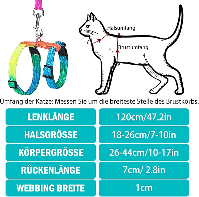 PUPTECK Adjustable Cat Harness and Leash Set Escape Proof Kitten Strap Collar for Walking Travel, Multicolor