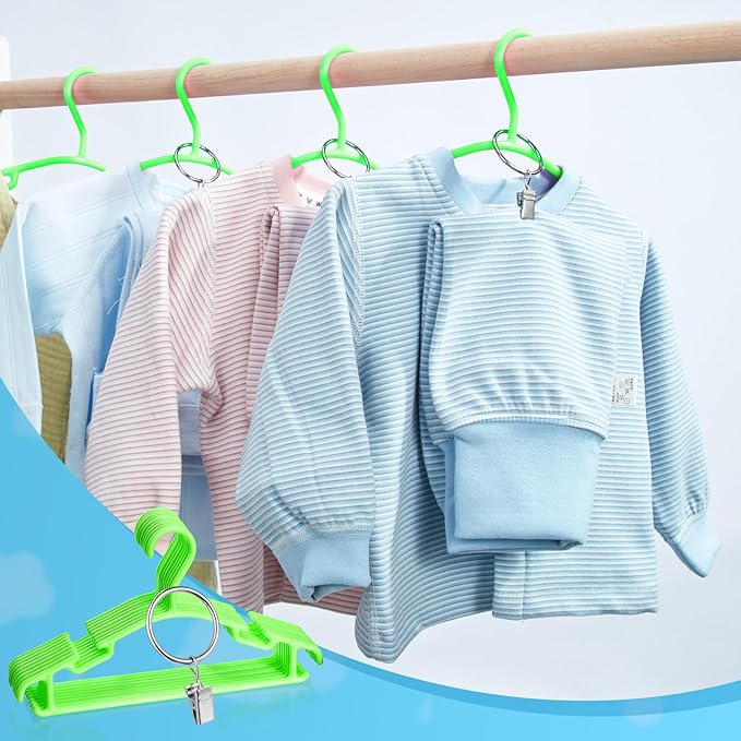 Baby Hangers with Metal Ring Clips, Children Plastic Hanger for Kids Pants Clothes Closet, 20 Pack, Green