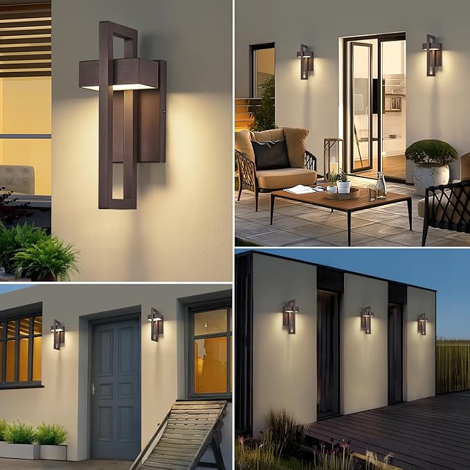 tewei Modern LED Outdoor Wall Sconce Brown Outdoor Lights for House, 13.7'' LED Exterior Lighting Fixtures Outside Wall Mount Lights for Front Porch Hallway, Warm White 3000K, 2 Pack