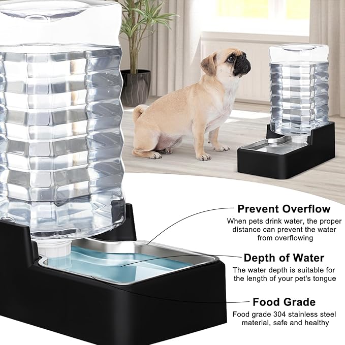 RIZZARI Stainless Steel Pet Water Feeder: 9L Automatic Leak-Proof Gravity Dispenser for Cats Dogs Indoor Outdoor Use(Black Without Filter,9L)