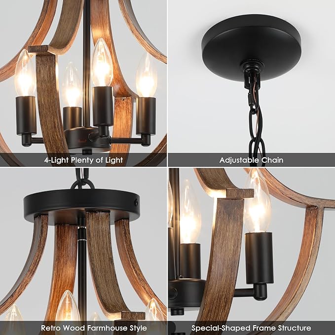 Farmhouse Hanging Pendant Lighting, 4-Light Rustic Flush Mount Ceiling Light Fixture,Modern Faux Wood Vintage Chandelier for Dining Room Kitchen Island Foyer Hallway Entryway Bedroom