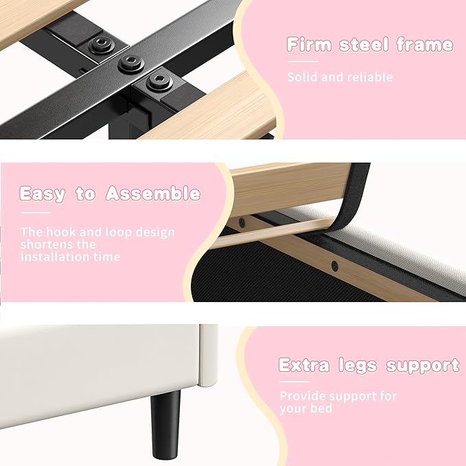 EnHomee Full Size Bed Frame with LED and Velvet Upholstered Headboard, Platform Bed Frame with Height Adjustable Headboard, No Box Spring Needed,Easy Assembly,Cream