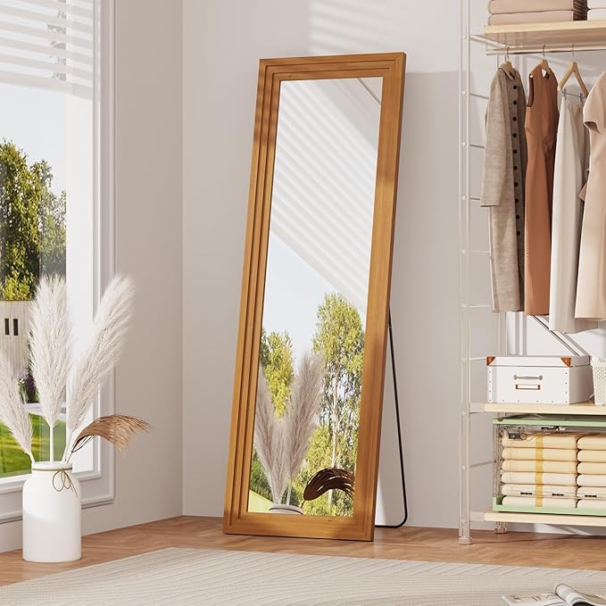 Full Length Mirror,65x22 Inch Full Length Mirror Wall Mounted,Vertical Hanging,Leaning Standing for Bedroom,Living Room,Rectangular Wooden Frame,Walnut Color.