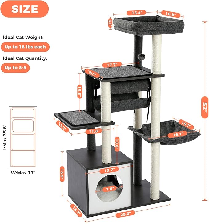 52" Modern Cat Tree for Large Cats, Wooden Cat Tower with Fully Sisal Covered Scratching Posts, Luxury Cat Furniture with Spacious Perch, Super Large Hammock, Cozy Condo and Swing Tunnel Black