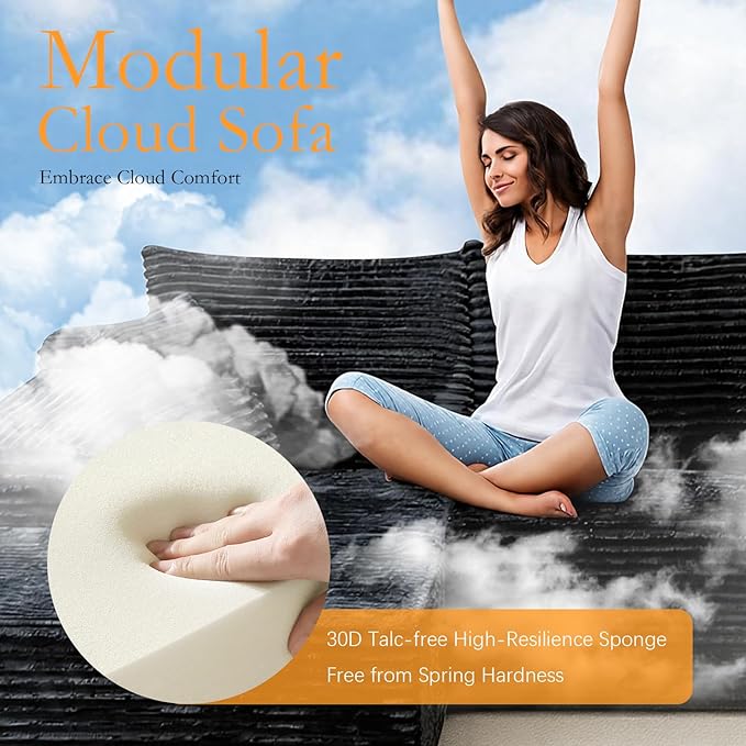 106'' Boneless Couches for Living Room, L Shaped Modular Sectional Sofa with Chaise Lounge, Faux Rabbit Fur & Layered Cushion Deep Seat Cloud Couch, No Assembly (Black, Left Facing Chaise)