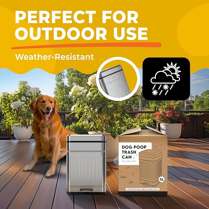 Small Dog Poop Trash Can Outside, 1.3 Gal Stainless Steel Dog Waste Trash Can, Waterproof Small Poop Bucket Outdoor with Lid, Poop Pail for Dogs, Dog Poop Bin Outdoor with Odor Control (Steel)