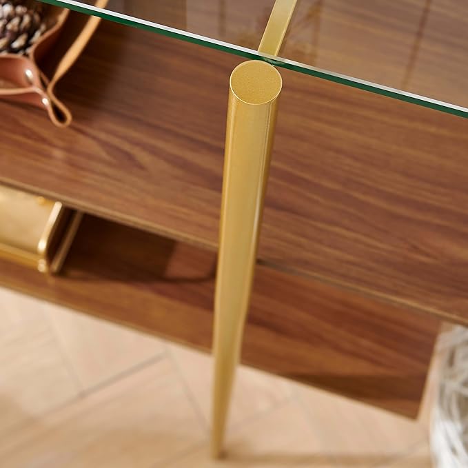 Glass Console Table for Living Room, Foyer & Entrance, H41 x W14 x H31inch, 3-Tier Mid-Century Modern Sofa Table with Clear Glass Top, Walnut Finish Wood Shelf and Gold Finish Frame