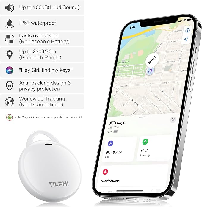 Air Tracker Tags-4 Pack: Bluetooth Tracker Works with Apple Find My (iOS Only), Key Finder and Smart Tag Locator for Luggage, Backpack, Suitcases, Pets, Replaceable Battery(White)