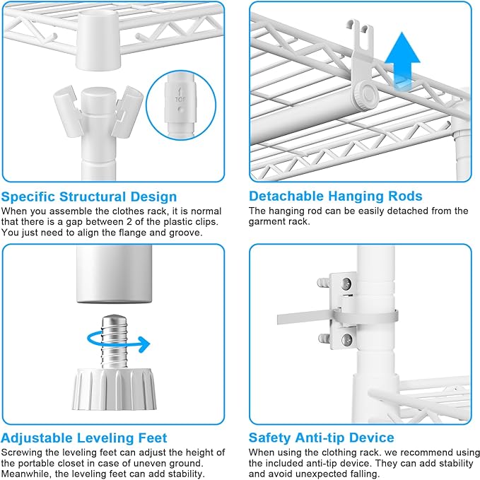 Ulif E13 Heavy Duty Clothes Rack(With 4 Hanger Rods & 8 Shelves) Freestanding Clothing Racks for Hanging Clothes,Adjustable Closet Organizer,Metal Garment Rack 63" W x16 D x77 H,Max Load 900LBS,White