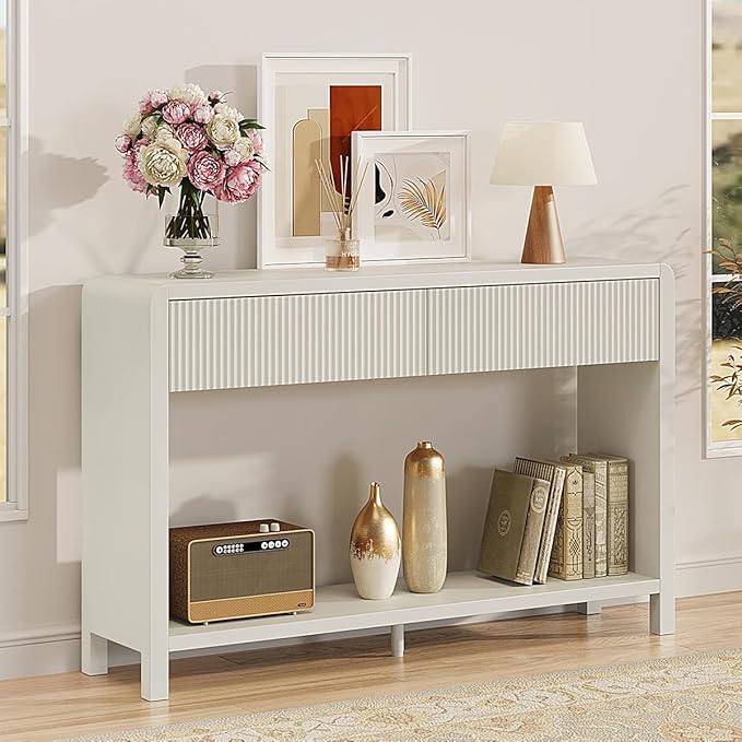 FATORRI Entryway Console Table with 2 Drawers, Modern Sofa Table for Living Room, Couch Tables Behind Sofa and Hallway Tables with Storage (47.2 inch, Antique White)