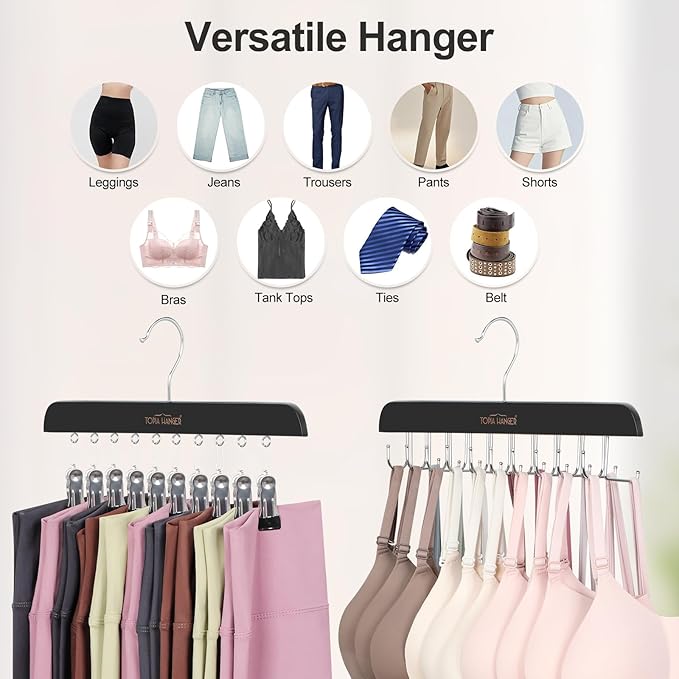 TOPIA HANGER 2 Pack Bra Hanger with Leggings Organizer, 2-in-1 Space Saving Hangers Neatly Store Max 20 Bras and 10 Leggings, Pants Jeans Shorts Skirt Tank Top Hanger for Closet Black CT76B
