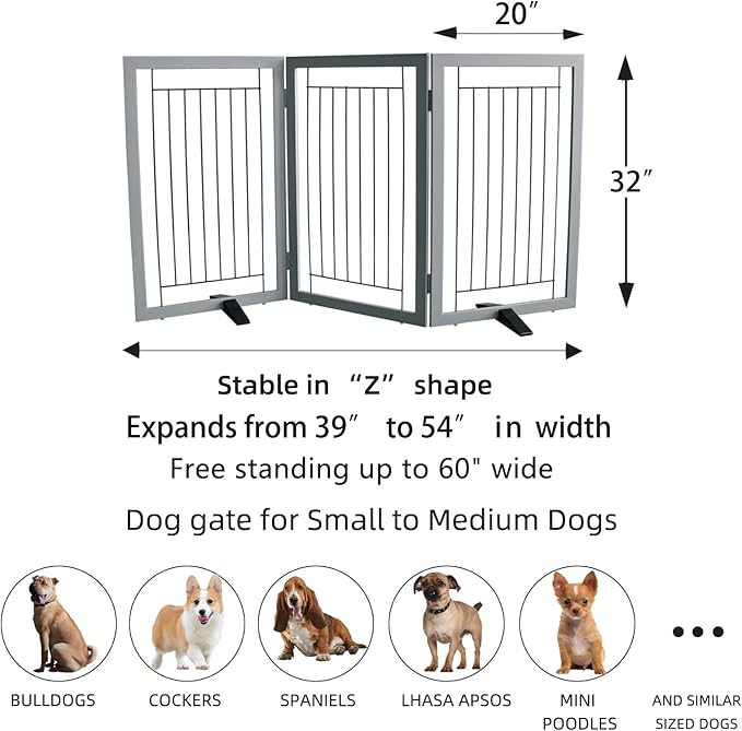 ZJSF Freestanding Dog Gate Indoor, Foldable Dog Fence for Doorways,Hallways or Stairs, Sturdy Wood Extra Wide Pet Gate with Support Feet,Grey,32 "Height-3 Panels
