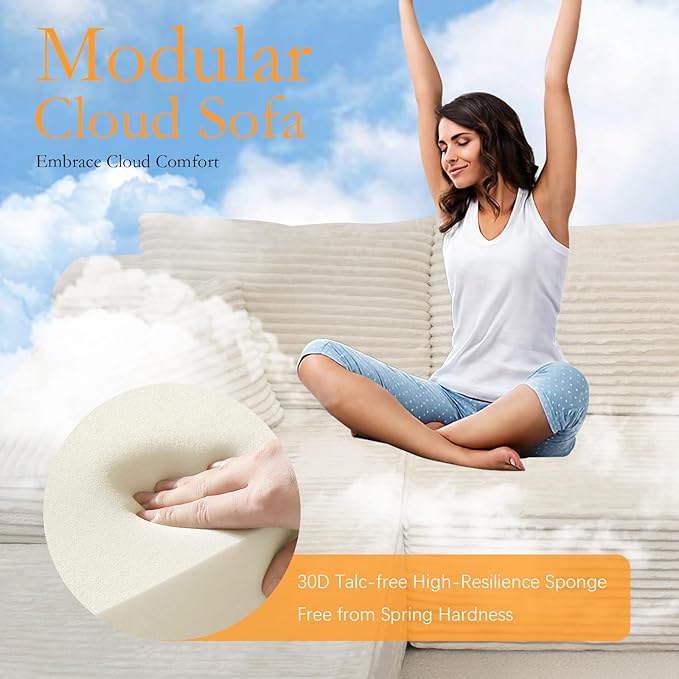 106'' Boneless Couches for Living Room, L Shaped Modular Sectional Sofa with Chaise Lounge, Faux Rabbit Fur & Layered Cushion Deep Seat Cloud Couch, No Assembly (Beige, Left Facing Chaise)