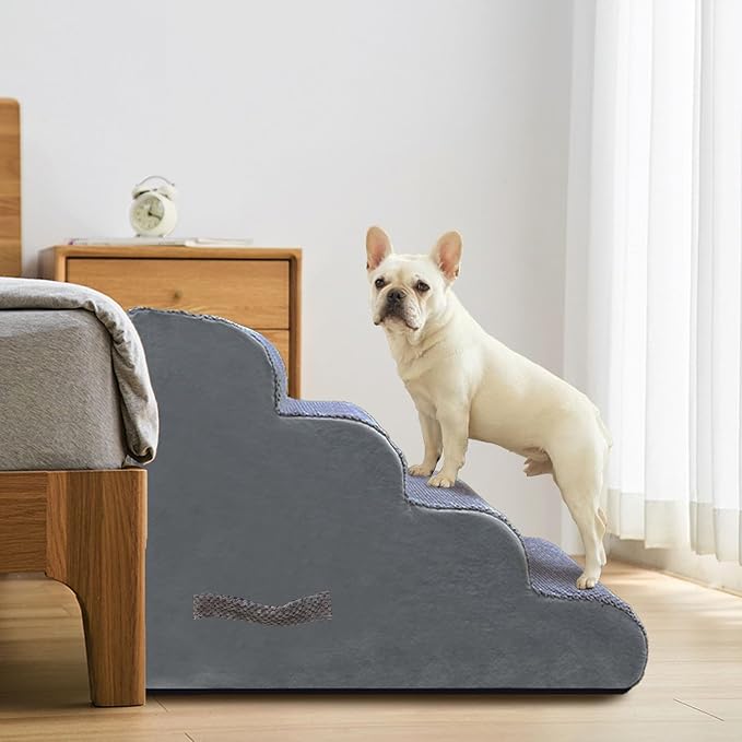 PAWSCART Dog Stairs for Small Dogs and Cats, 4-Step Dog Steps for Bed, 19.6" H Pet Stairs for High Bed, Pet Ramp for Couch, Sofa, Non-Slip Surface Removable Washable Cover, Grey