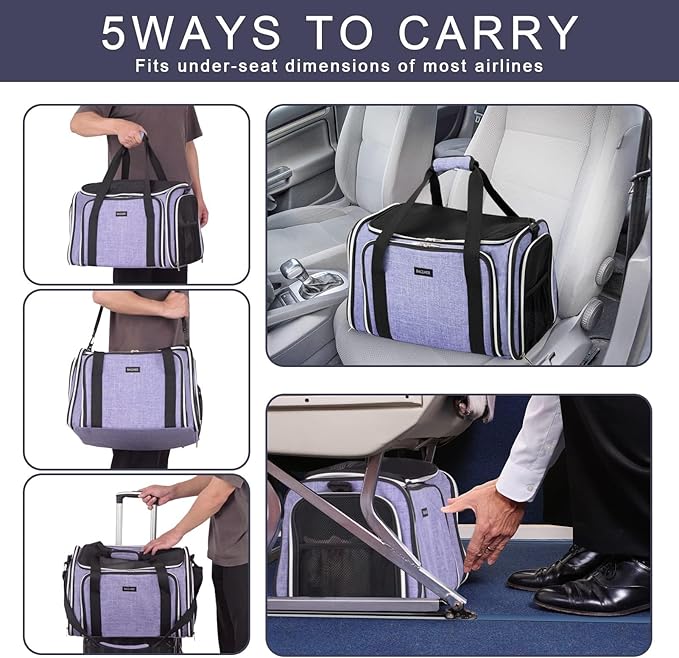 BAGLHER Expandable Cat Carrier with Travel Litter Box, Pet Travel 5 Sides Open Doors 3 Sides, Leak-Proof and Collapsible, for Car, Airplane Trip, Purple