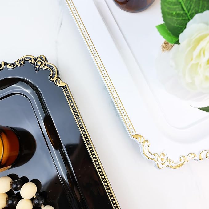 2 Pcs White Vintage Decorative Trays with Gold Rim, Serving Tray for Table Centerpiece Decor, Coffee Table, Living Room