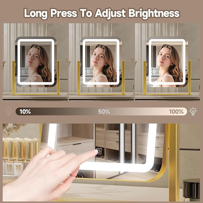 PRIMETEK Vanity Mirror with Lights, 16"x14" Large LED Lighted Makeup Mirror, Hollywood Makeup Mirror, Touch Screen, 3-Color Lighting, 5X Magnification, for Vanity Desk Tabletop, Bedroom, Gold