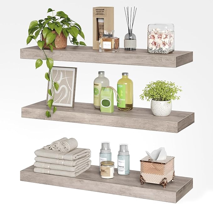 Floating Shelves for Wall, 1.5" Thick Wall Shelf Set of 3 with Invisible Brackets, 23.6L x 7.9W Hanging Book Shelves Farmhouse Home Decor for Bathroom, Living Room, Bedroom, Greige 6301BJP3BG