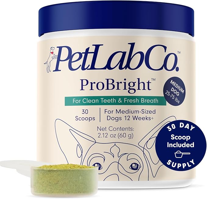 PetLab Co. ProBright Dental Powder - Dog Breath Freshener - Teeth Cleaning Made Easy – Targets Tartar & Bad Breath - Formulated for Medium Size Dogs - Packaging May Vary