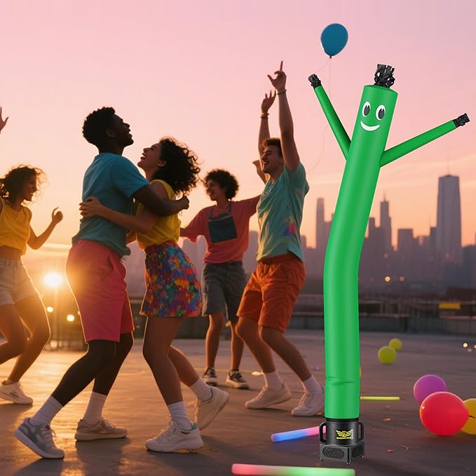 7FT Air Inflatable Waving Tube Man Set with Blower & Wheel, Air Puppet Dance Artist for Mall Opening, Amusement Park, Outdoor Decoration,Green