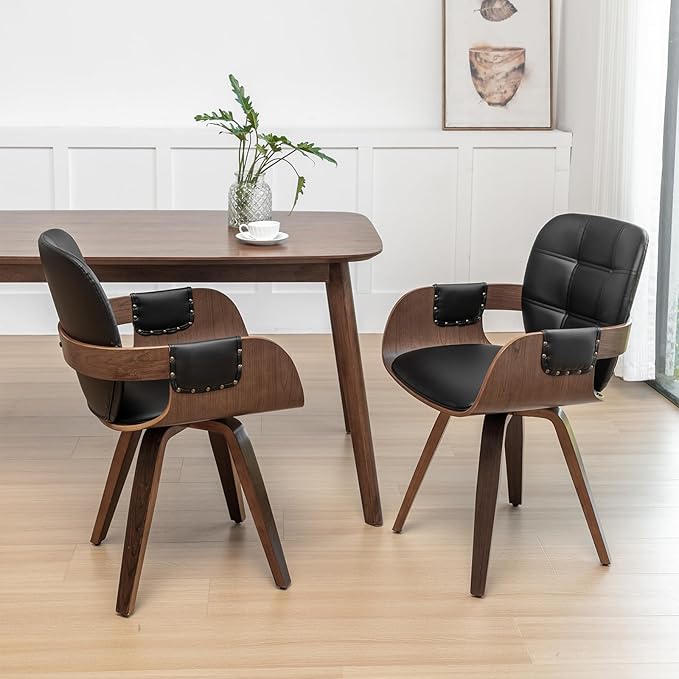 Set of 2 Mid Century Modern Chairs - Swivel Dining Chairs with Arms and Curved Back, Faux Leather Reception Room Chairs, Ideal for Kitchen/Living Room/Reception/Desk (Walnut Black)