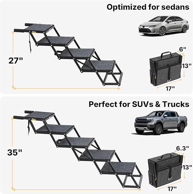 Veehoo Foldable Dog Stairs for Large Dogs, 4 Steps Folding Dog Ramp for Car Sedan Vehicle 17" Wide, Heavy Duty Outdoor Pet Steps Ladder with Non Slip Rug Surface for Old Dogs, Support up to 200 lbs