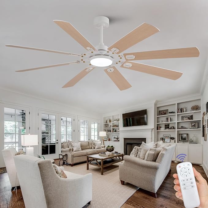 BOOMJOY 72 Inch Ceiling Fans with Lights and Remote, Indoor/Outdoor Ceiling Fan with Light, 8 Blades, Reversible Quiet DC Motor,Modern White Large Ceiling Fan for Living Room Patio Bedroom