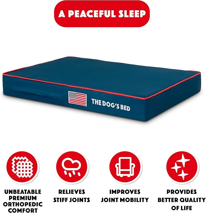 The Dog’s Bed Orthopedic Memory Foam Dog Bed, Medium Blue Oxford with Red Trim USA Flag 34x22, Pain Relief for Arthritis, Hip & Elbow Dysplasia, Post Surgery, Supportive, Calming, Waterproof Washable