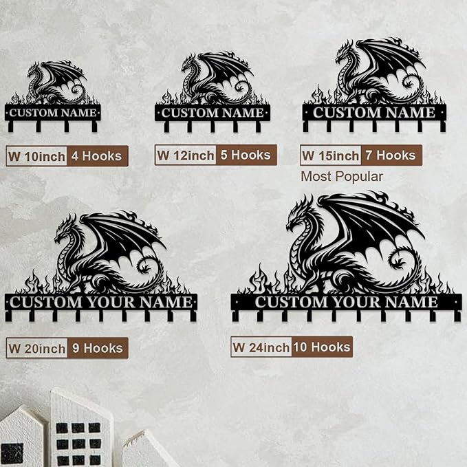 Customized Name Key Hook - Evil Dragon Design Keys Holder Decor Black Iron Metal Wall Organizer for Home & Office (Multiple Sizes) (Style D)