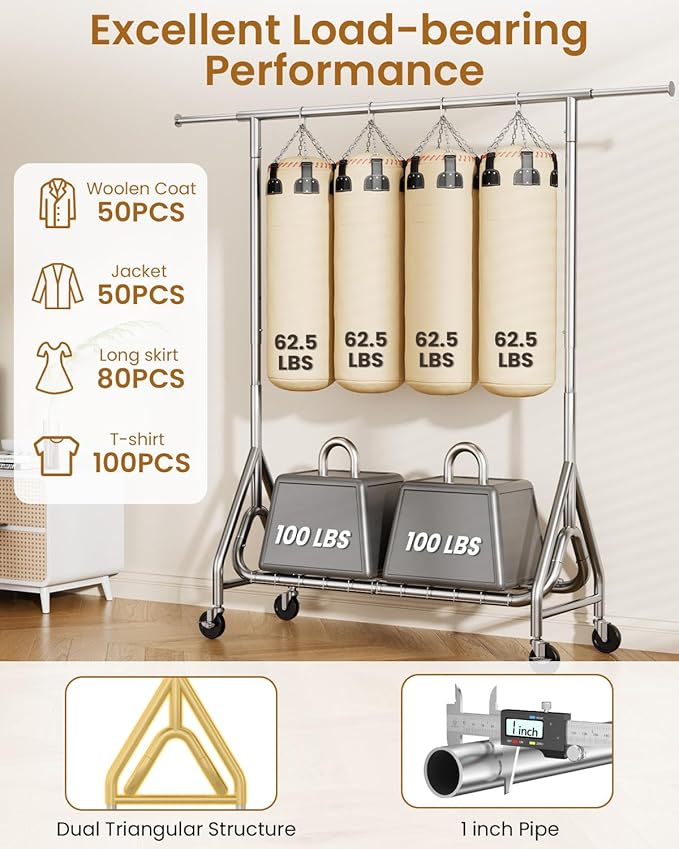 Heavy Duty Garment Rack, Metal Clothes Rack Load 450 LBS, Rolling Clothing Racks for Hanging Clothes with Lockable Wheels, Wardrobe Closet Coat Racks for Bedroom, Silver