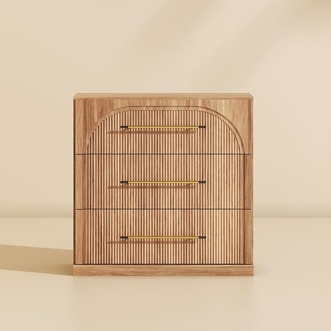 BELLEZE Set of 2 Fluted Modular Sideboard Cabinet, Classic Modern Buffet Cabinet with 3 Drawers, Accent Credenza Storage Cabinet for Dining Room Living Room Entryway (Camel)