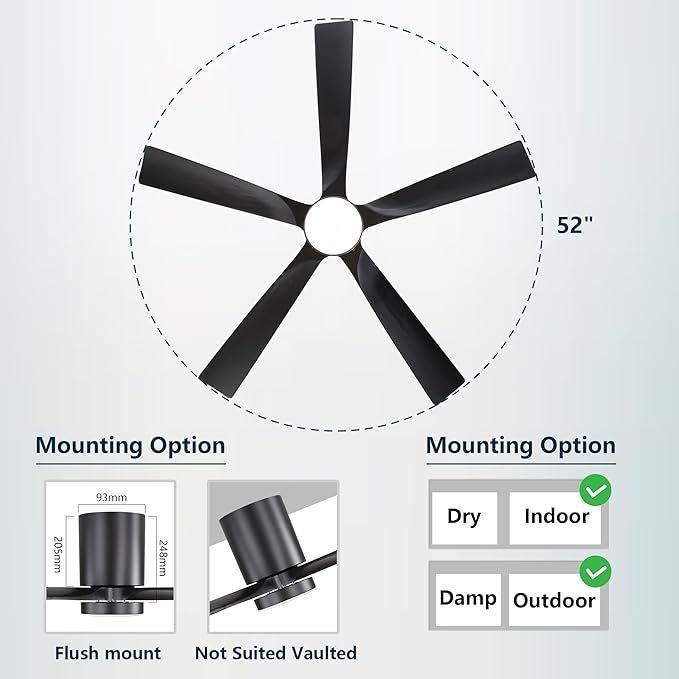 ELEHINSER 52 inch Low Profile Ceiling Fan with Light, 5 Solid Wood Blades, 6-Speeds, Quiet DC Motor, Timer, Flush Mount Modern Ceiling Fan with Remote for Living Room Bedroom, Black