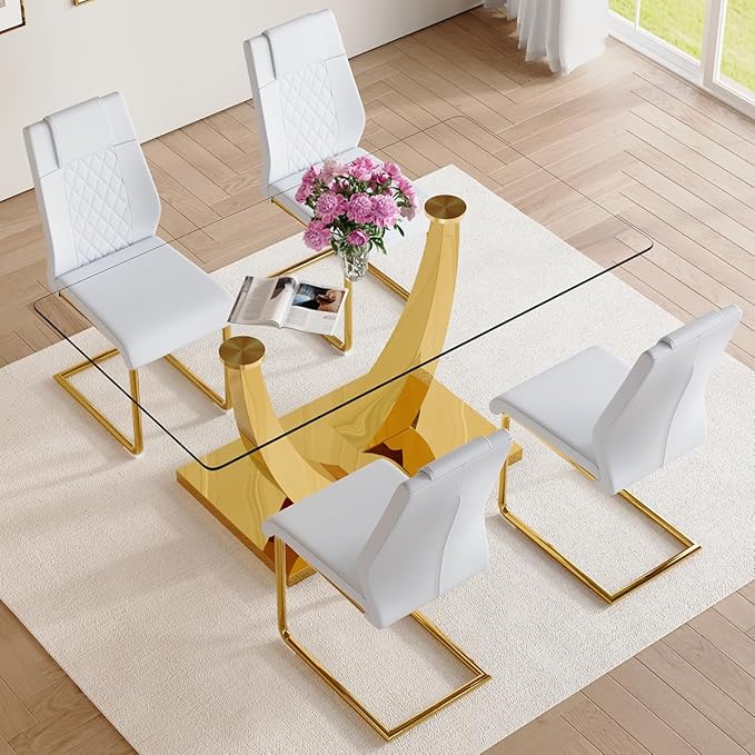 AZmac 63" Glass Dining Table Set for 4,Luxury Gold Dining Room Set with Stainless Steel Pedestal, Rectangular Tempered Glass Kitchen Table with PU Leather Chairs, for Kitchen Apartment