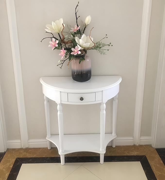 Solid Wood Console Table with Drawer, Semi-Circle Entryway Storage Shelf, Half-Moon Porch Table Side Elegant Vintage Sofa for Living Room (White (39.4" L x 15.7" W x 34.4" H))
