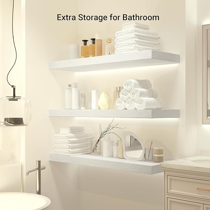 Heimlove 24 x 12 Inch Deep Floating Shelves Wall Mounted with Invisible Brackets,Storage Hanging Shelf for Wall Decor in Bathroom, Bedroom, Toilet, Kitchen, Living Room, Office Set of 1 (White)