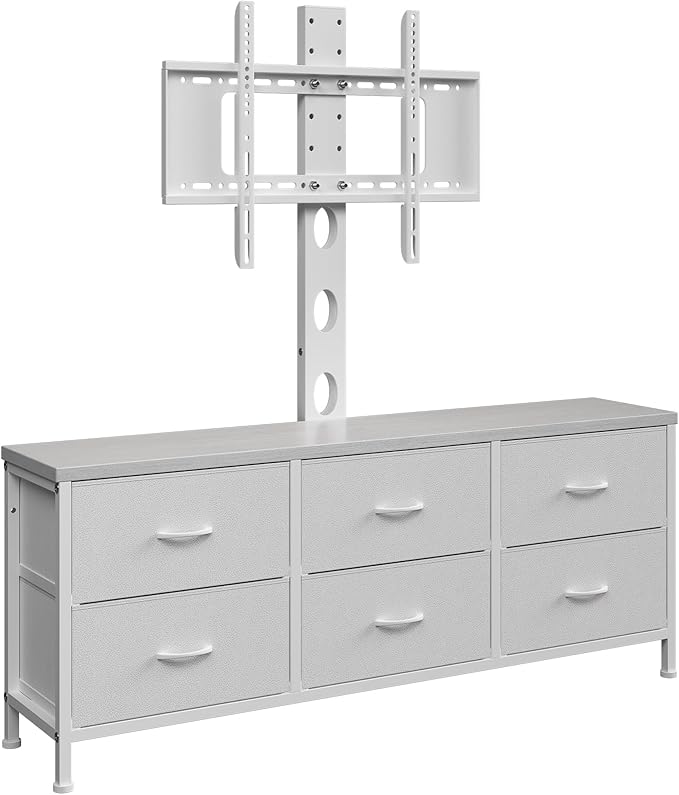 TV Stand with Mount, Fabric Dresser with 6 Drawers for 32/45/55/60/65/75 inch TVs, White Dresser Entertainment Center, Modern Media TV Console Table