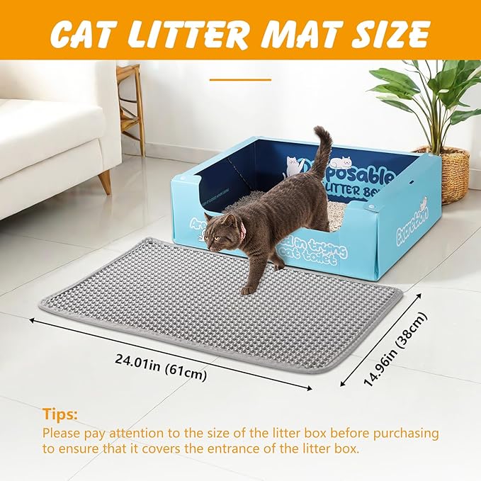 Cat Litter Mat, 24x15 Inch Double Layer Litters Box Mat, Waterproof Cat Mat for Litter Box(Gray)