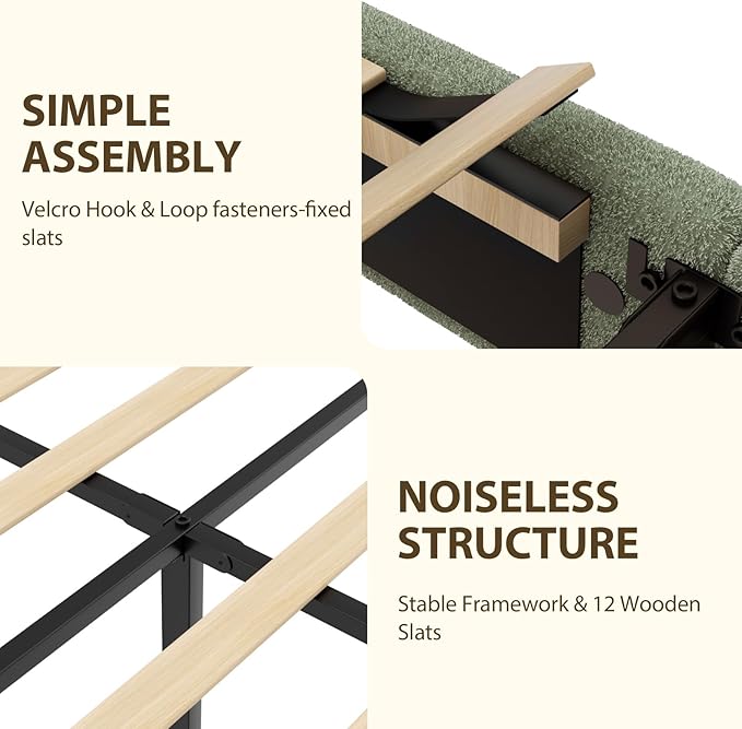 Full Bed Frame, Teddy Velvet Boucle Bed Frame with 43.3"/45.3" Adjustable Upholstered Headboard, Rounded Corners, Mattress Foundation, No Box Spring Required, Green