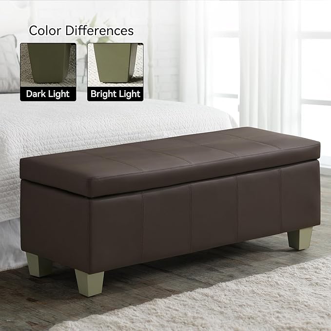 51" Faux Leather Storage Ottoman, Stitch Tufted Rectangle Upholstered End of Bed Storage Bench, Entryway Large Couch Ottoman with Wooden Legs,Brown