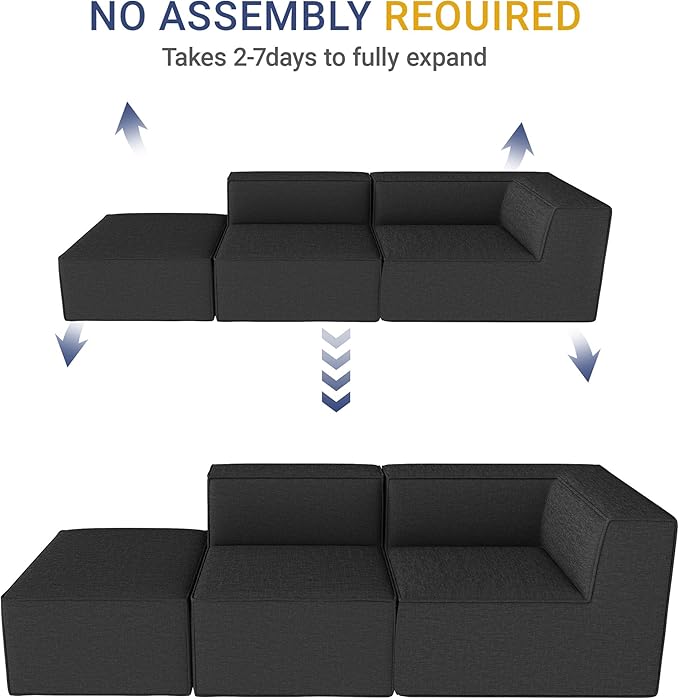 106" Sectional Compressed Sofa Modular Couches,High-Density Foam No Assembly Required,3-Piece(1xCorner 1xArmless 1xOttoman) for Living Room, Chenille Dark Gery