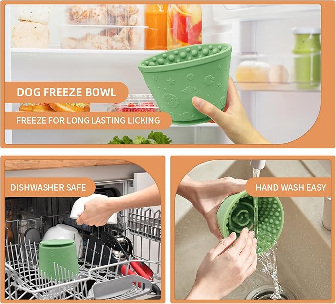 Dog Lick Bowl with Brush and Scraper, Anxiety Relief Silicone Slow Feeder Treat Dispenser, Anti-chocking Pet Dish, Non-Slip Interactive Entertainment Dog Puzzle Toy for Medium & Large-Green