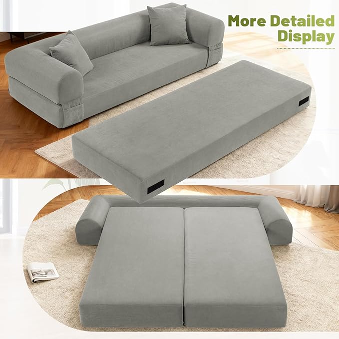 Convertible Futon Sofa Bed,80" Folding Pull Out Couch Bed with Pillows & Storage Pocket, Oversized Queen Sleeper Sofa in a Box,Corduroy Boneless Couch for Living Room,Light Grey